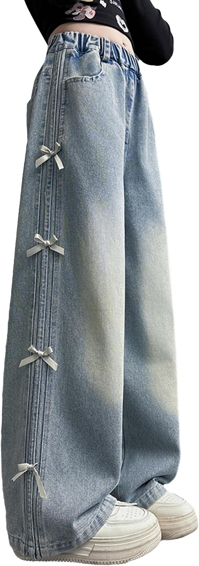 Baggy Wide Leg Jeans for Girls with Print Elastic Waistband Y2K Vintage Kids Denim Pants Loose Fit Casual Trouser