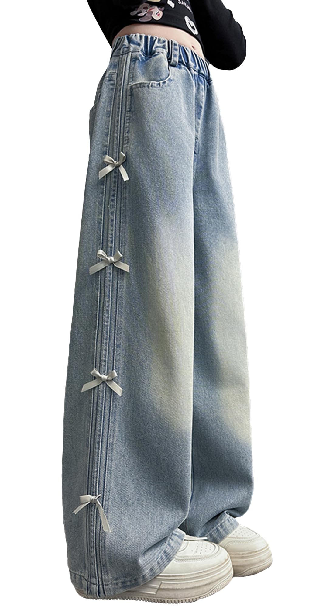 Baggy Wide Leg Jeans for Girls with Print Elastic Waistband Y2K Vintage Kids Denim Pants Loose Fit Casual Trouser