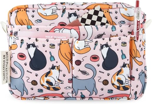 Multiple Pockets Portfolio Organizer with Zippered,Storage Pencil Pouch Bag | Waterproof Travel Toiletry Bag,Portable Pencil Pouch for Notebooks,Stationeries,Make-up,Journal Office Art Supplies,Pink Cat