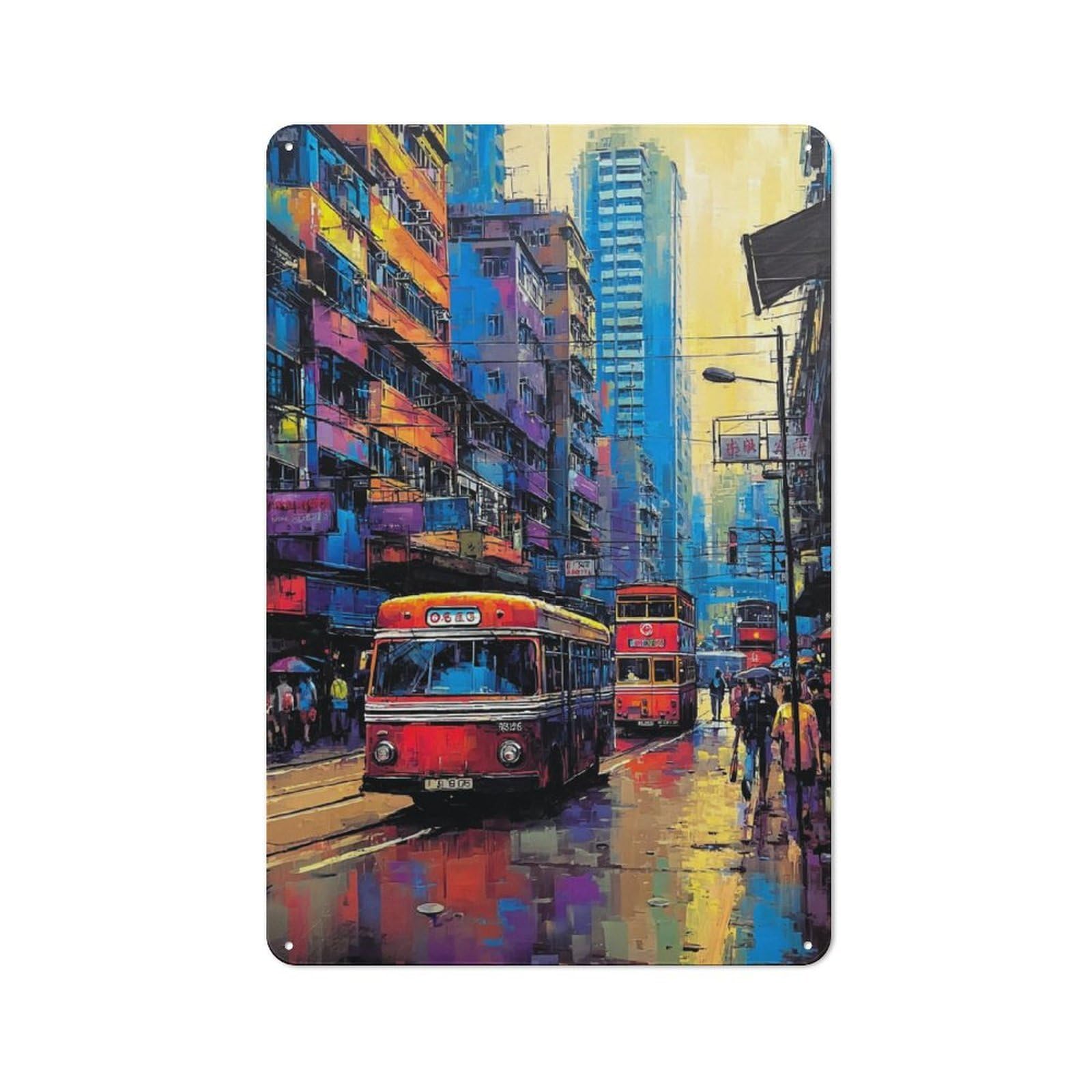 Vibrant Cityscape with Retro Buses Metal Wall Sign 30x20cm, Modern Retro Loft Wall Plaque for Flat, Bar, Studio Or Gallery Wall