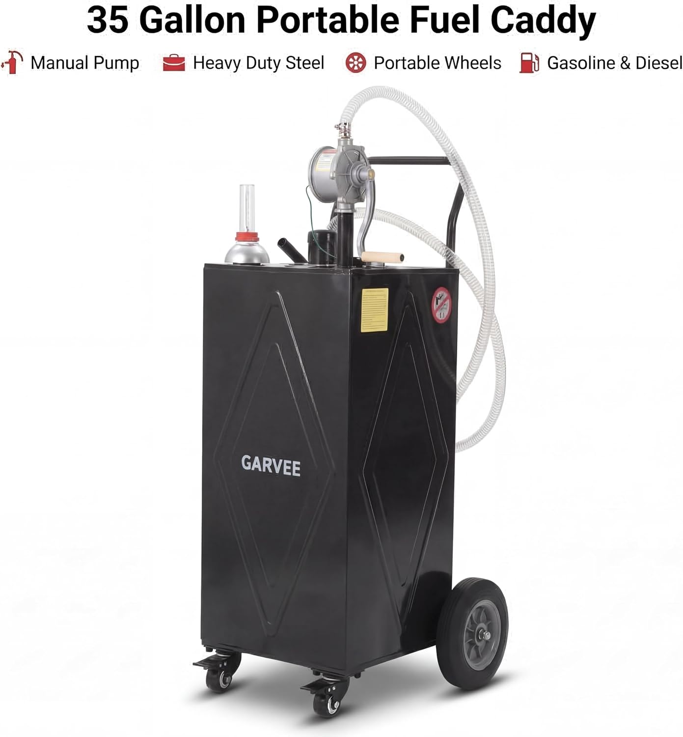 GarveeTech 35 Gallon Fuel Caddy with Manual Pump, Portable Fuel Transfer Tank on Wheels, Heavy Duty Gasoline & Diesel Storage Container for Trucks, Boats, ATVs, Lawn Mowers, Farm Equipment - Black