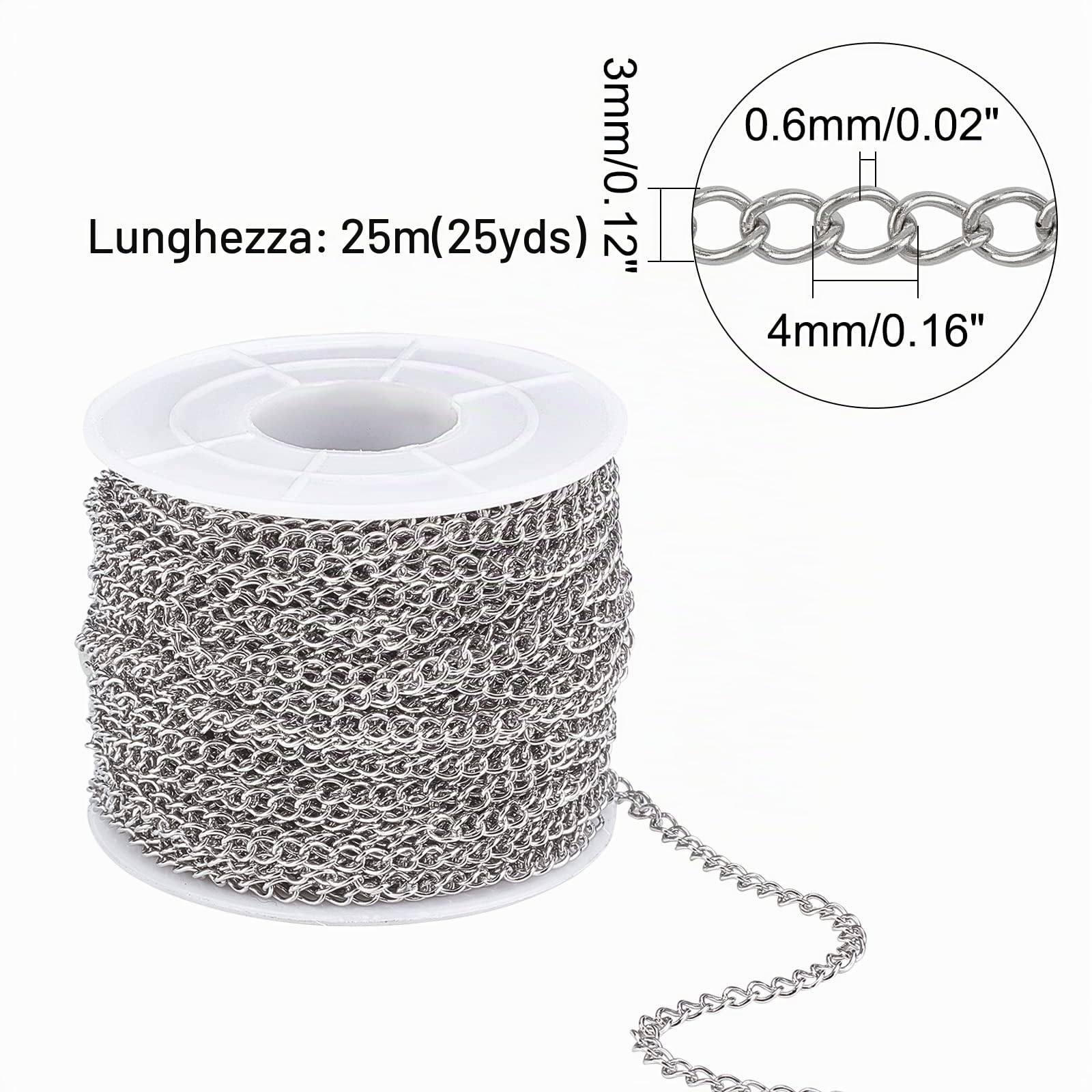 PH PandaHall 25m Catena Acciaio Inox per Gioielli Fai Da Te 4x3mm Argento