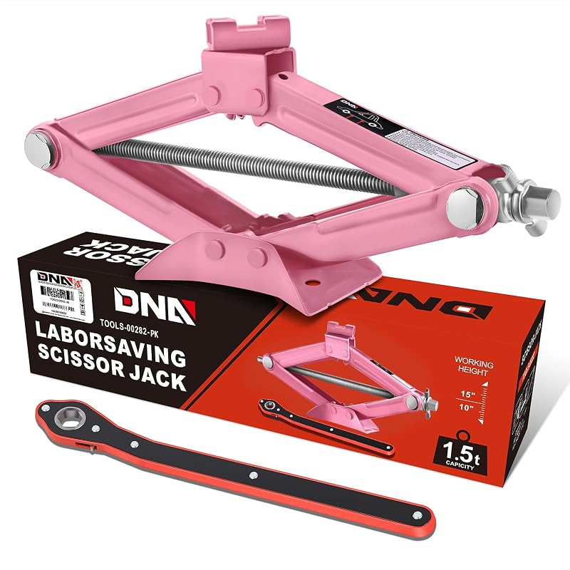 Gato de tijera para auto de 1,5 toneladas (3.306 libras) de capacidad, rosa | Kit de gato de tijera, llave de trinquete para ahorrar mano de obra, para levantar vehículos ligeros, rango de elevación de 4'' - 15,2 ''