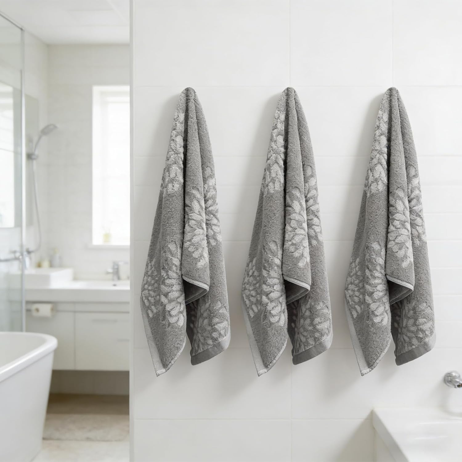 Gray Hand Towels Set of 3 Hydrangea Floral Pattern 100% Cotton Absorbent Soft Decorative Hand Towels for Bathroom