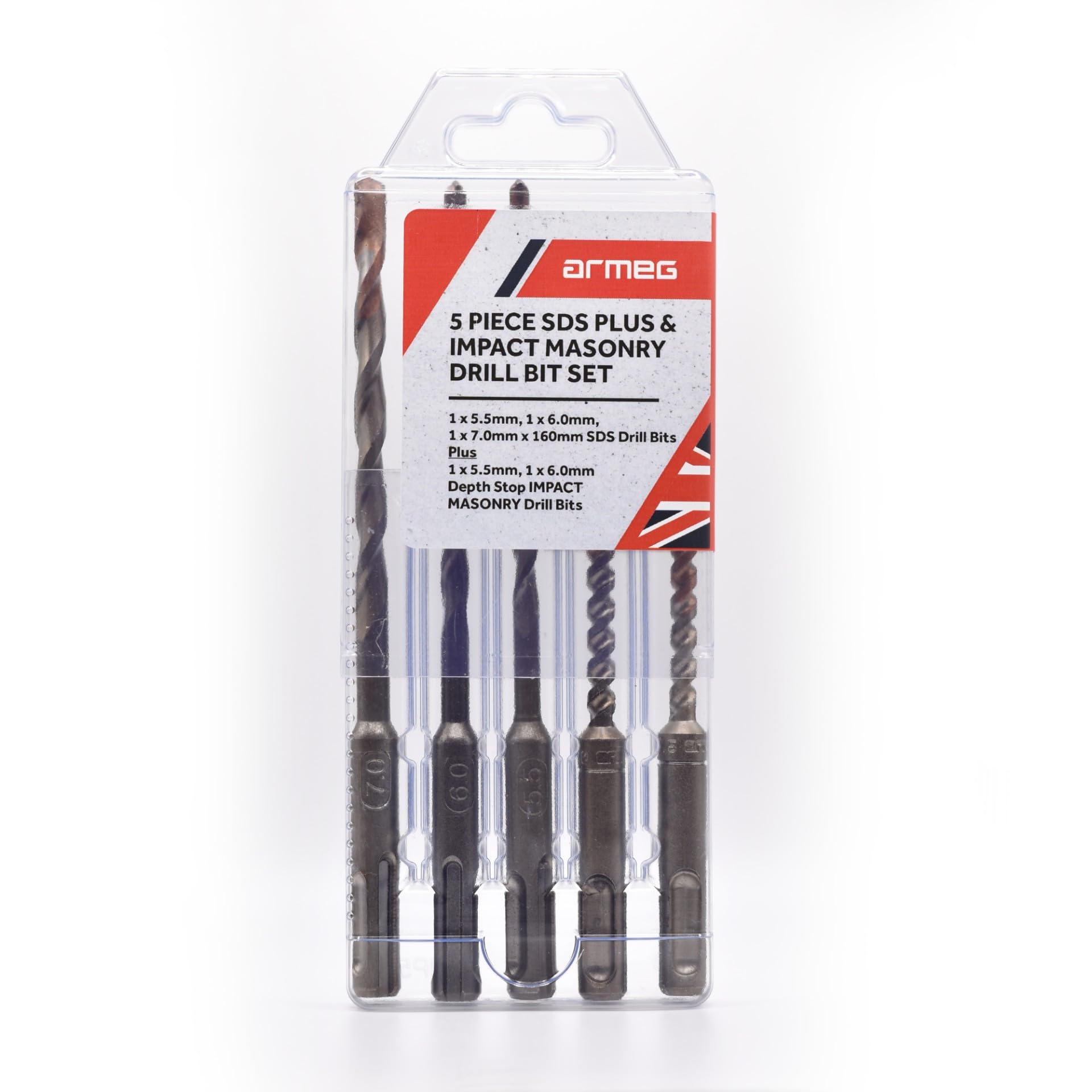 Armeg SMP5TE 5 Piece SDS Plus & Impact Masonry Drill Bit Set, Tungsten Carbide, 5.5mm, 6.0mm, 7.0mm, Made in Sheffield