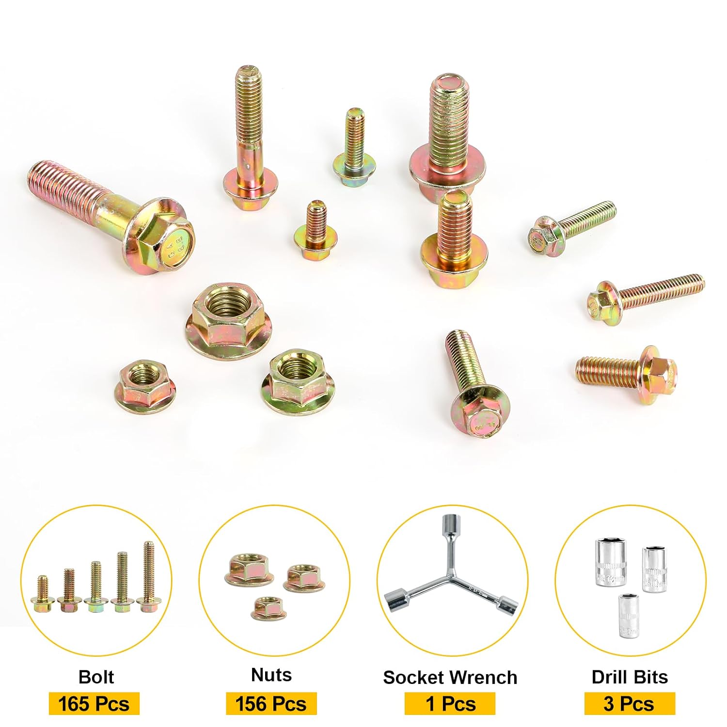 FMhotu 321Pcs Nuts and Bolts Assortment Kit, Metric Grade 8.8 Flange Hex Bolts and Nuts Set, M6 M8 M10, 18 Sizes, Comes with 1 Y-Wrench and 3 Bits THLSTZ321pcs