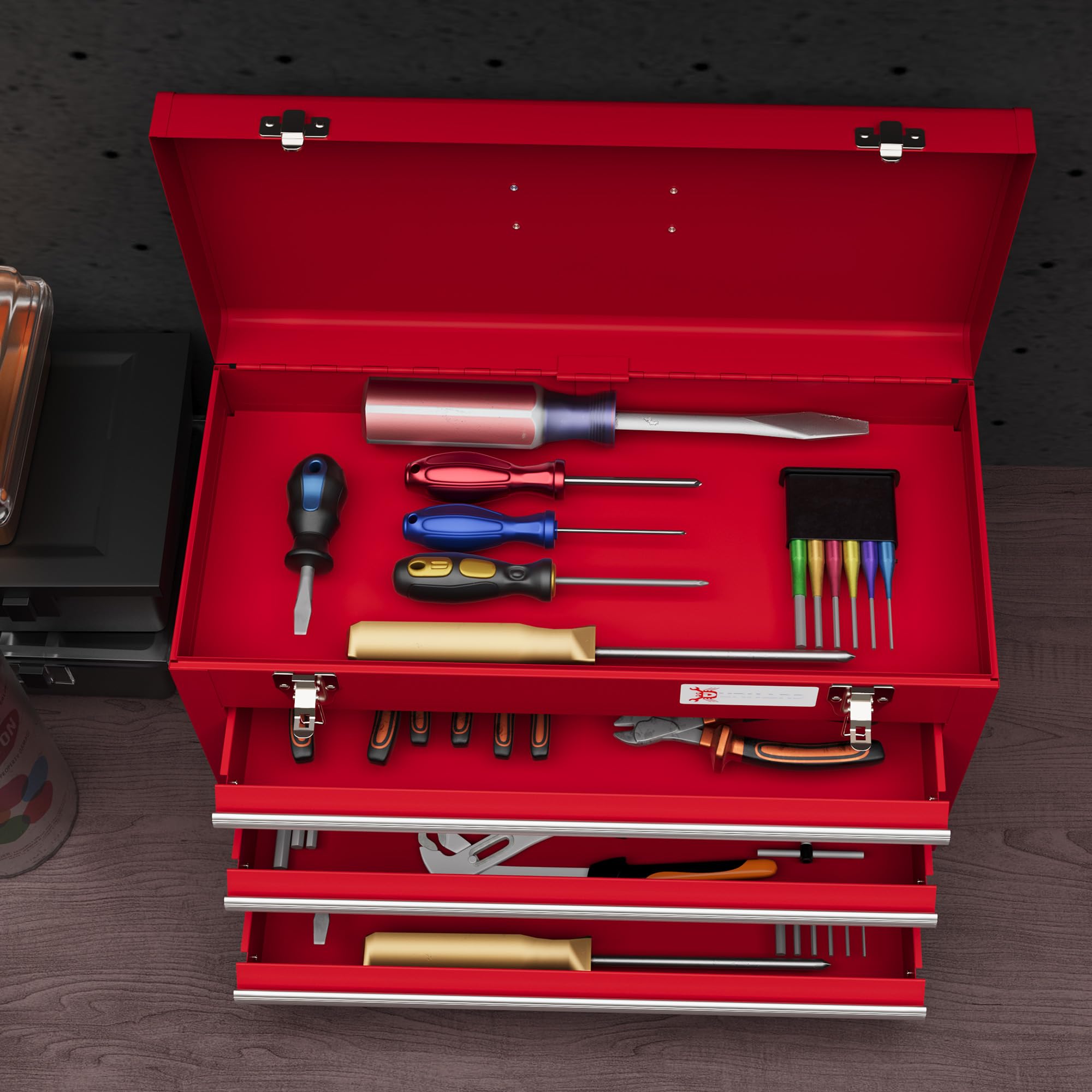 DURHAND Caja de herramientas vacía, 51 x 22 x 32 cm, caja de herramientas con 3 cajones, compartimento de almacenamiento superior, asa, caja de herramientas con 2 cerraduras, de acero, color rojo