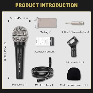 Professional XLR Microphone Wired Set, Metal Vocal Dynamic Microphone with 13FT XLR Male to XLR Female Cable, Mic with Switch Set. Corded Microphone for Karaoke, Speaker, Singing, Recording