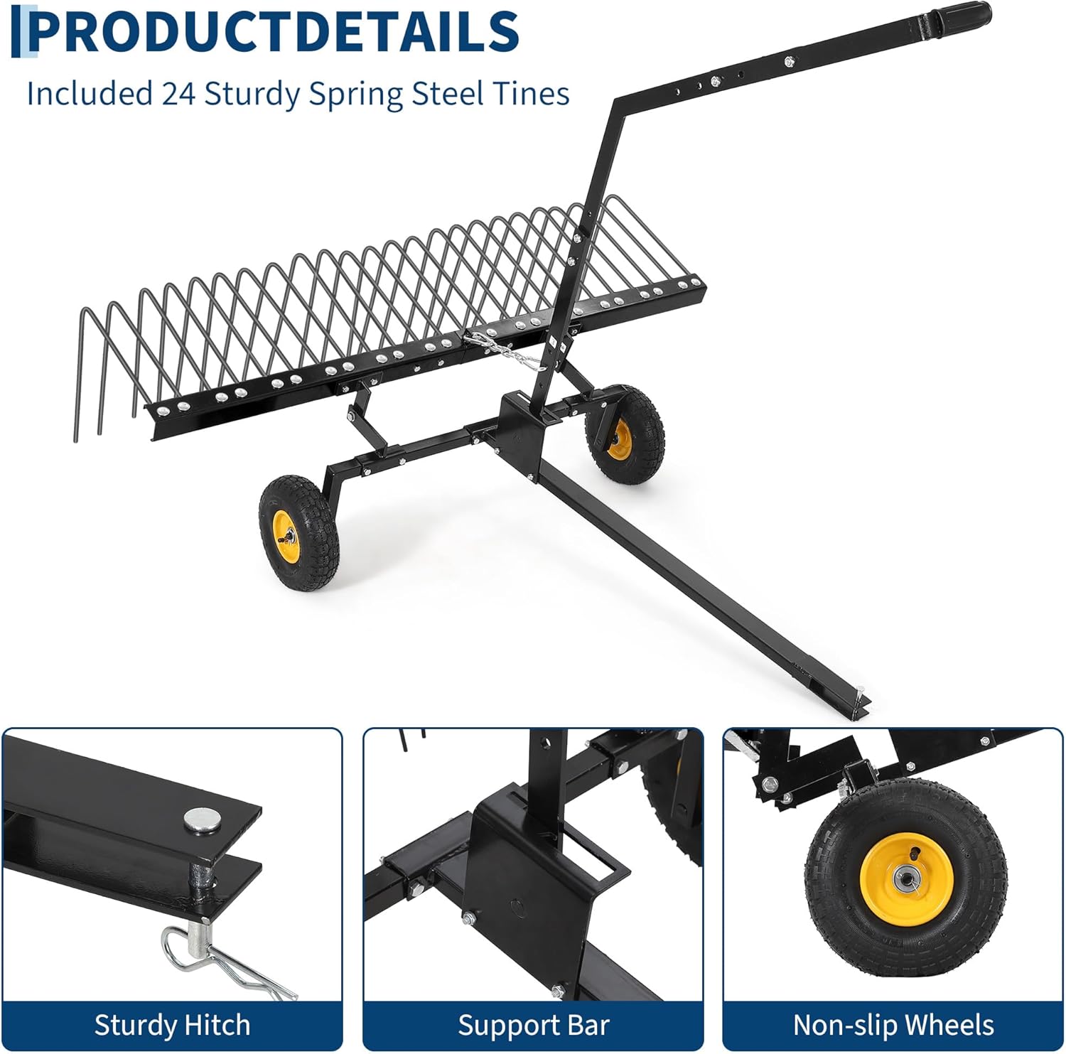 Нарийвчилсан view of the Garvee dethatcher components, including the sturdy spring steel tines, hitch mechanism, support bar, and non-slip wheels.