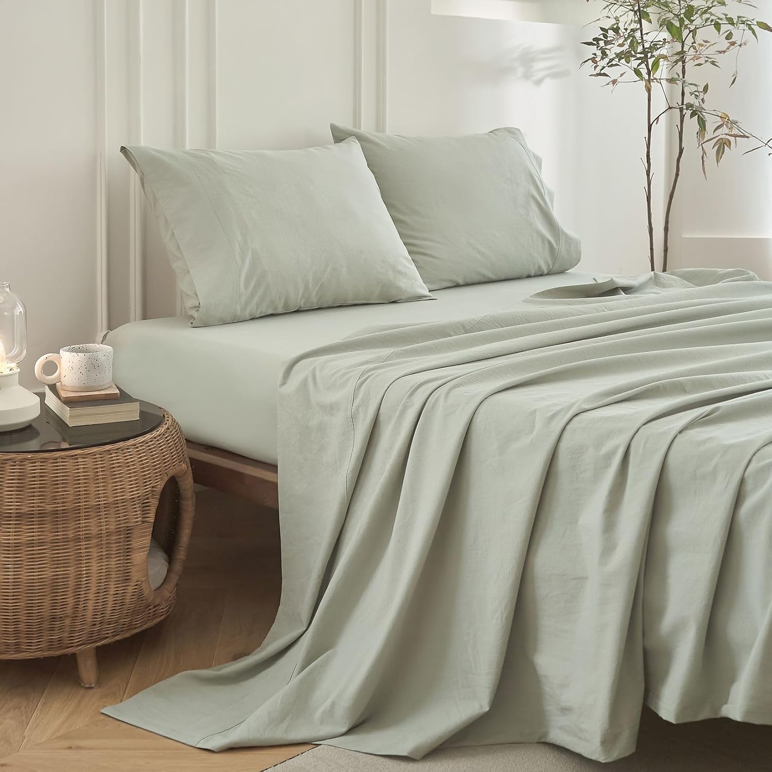 4PS Sage Green King Size Bedding Set, Oeko-TEX Standard 100% Washed Cotton Linen Like Bedding Sheet Sets Cover Deep Pocket Fitted Sheet Plus Cozy Flat Sheet and 2 Pillowcases - Image 3