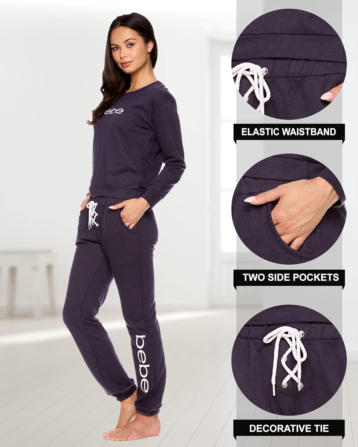 bebe Womens Pajama Sets - French Terry Pajamas Long Sleeve Pullover Top and PJ Pants with Pockets - Sleepwear for Women - Image 4