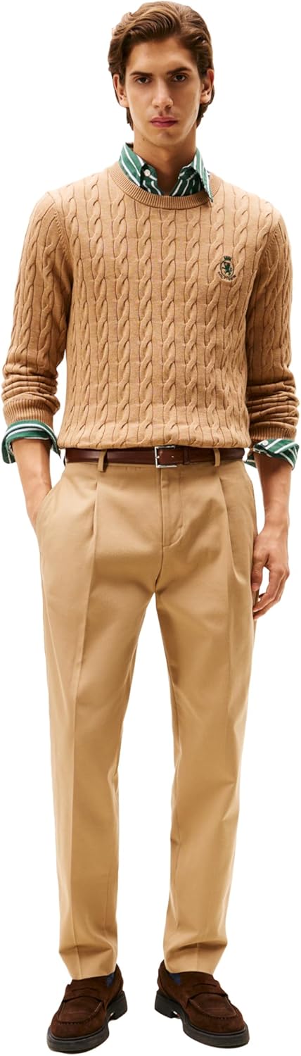 Tommy Hilfiger Men's Crest Cable Knit Crewneck Sweater Lightweight Pullover