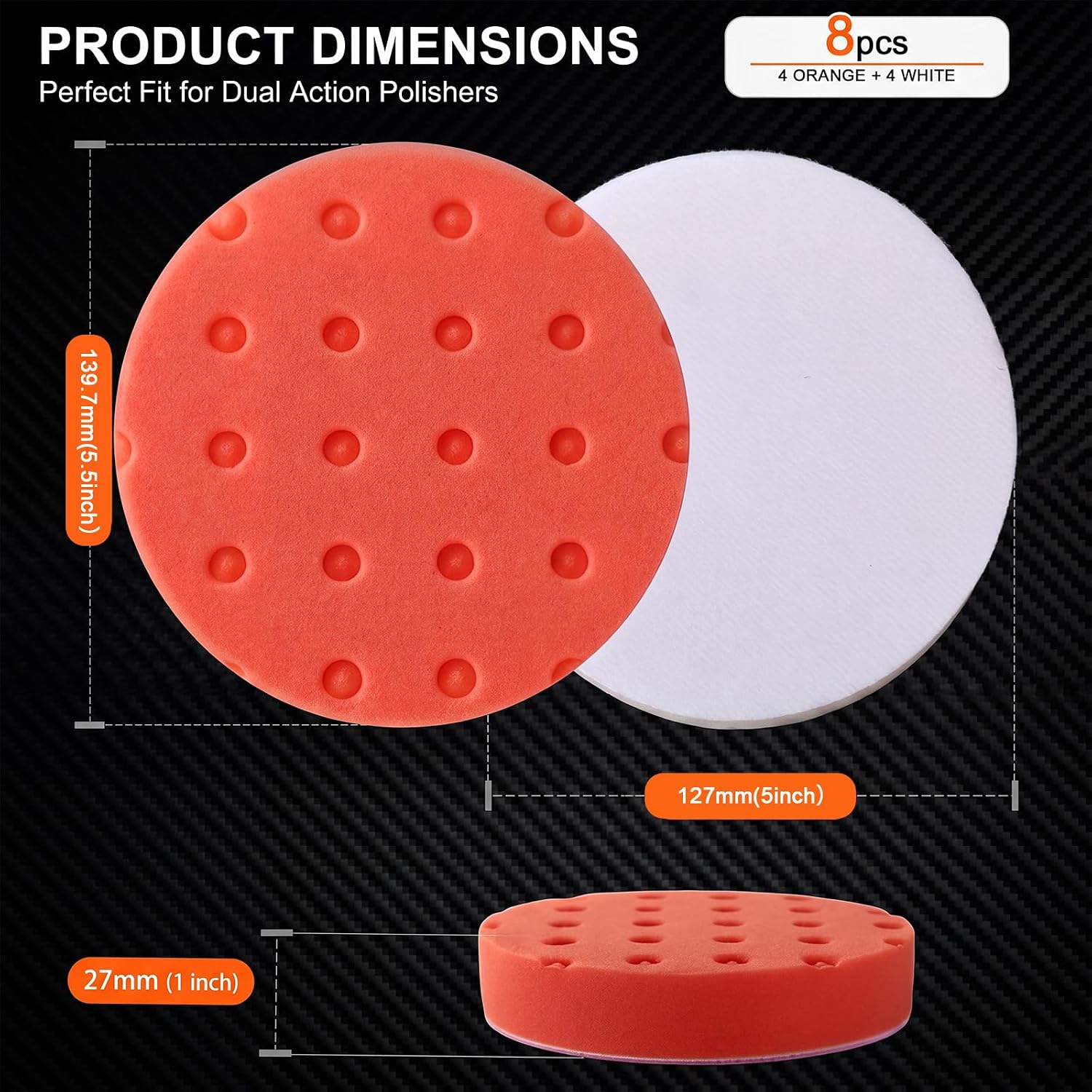 8 Pack 5.5 Inch Dual Action Polishing Pads Kit Buffing Pads 4 Orange 4 White Dimpled Surface Low Heat DA for Car Detailing Compounding Polishing Paint Correction Finishing