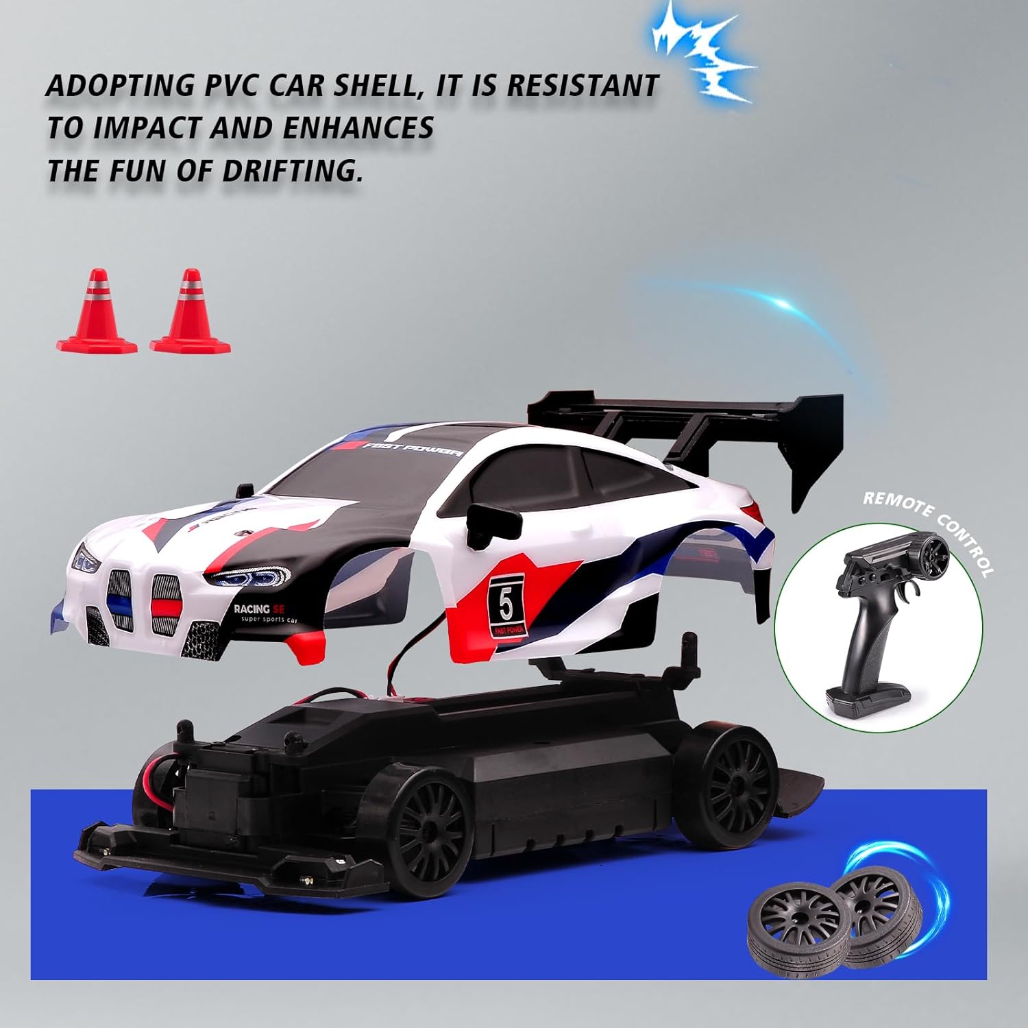 1:24 Scale RC Drift Car,4WD 2.4GHz High Speed Racing Hobby Sport Toy Car Vehicle with LED Lights,Racing and Drift Wheels for Adult Boys Girls Kids Gift (8605-White)