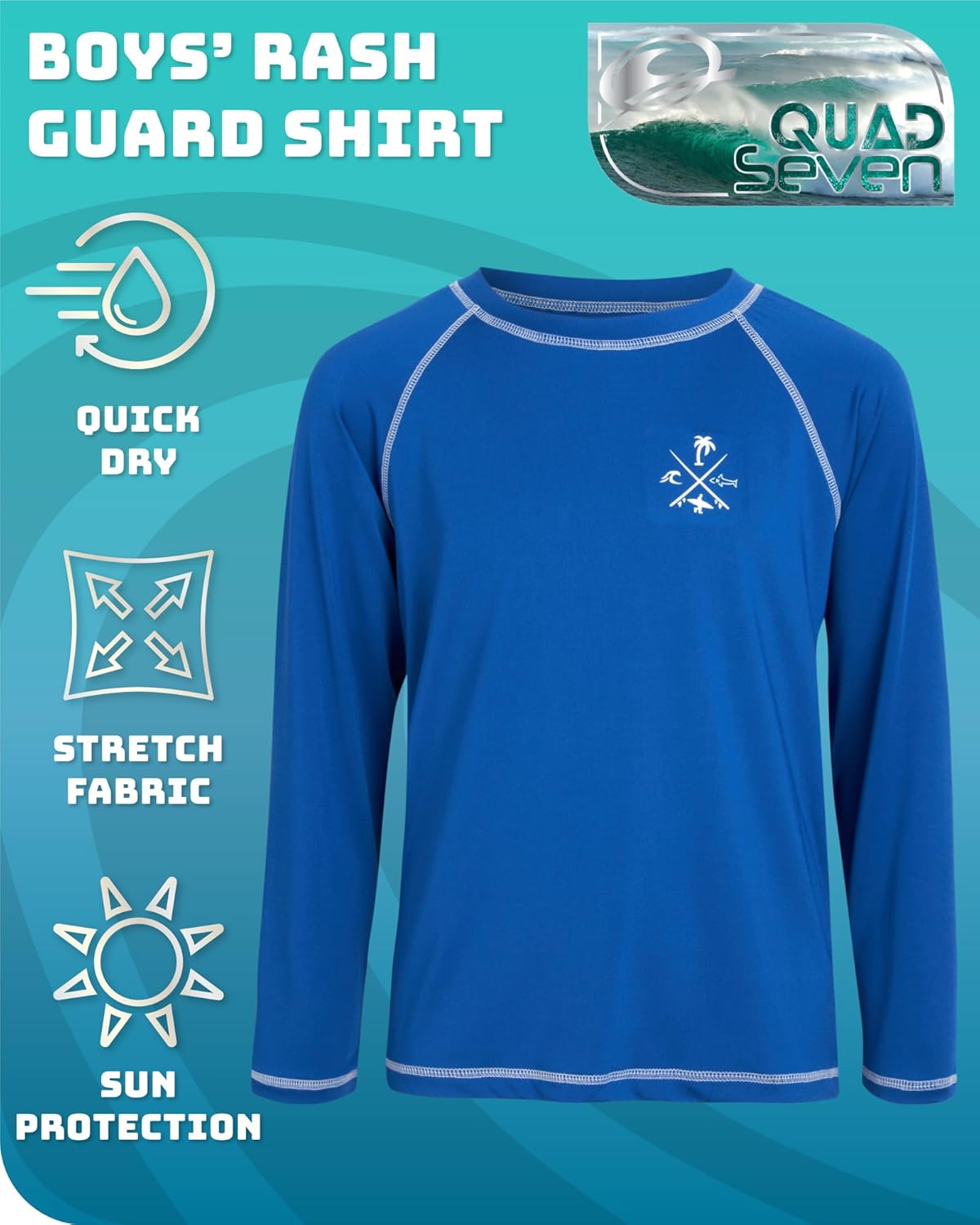 Quad Seven Boys Swim Shirt - Quicky Dry Sun Protection Long Sleeve Rash Guard for Boys Youth Kids Swimwear (Sizes: 5-18) - Image 2