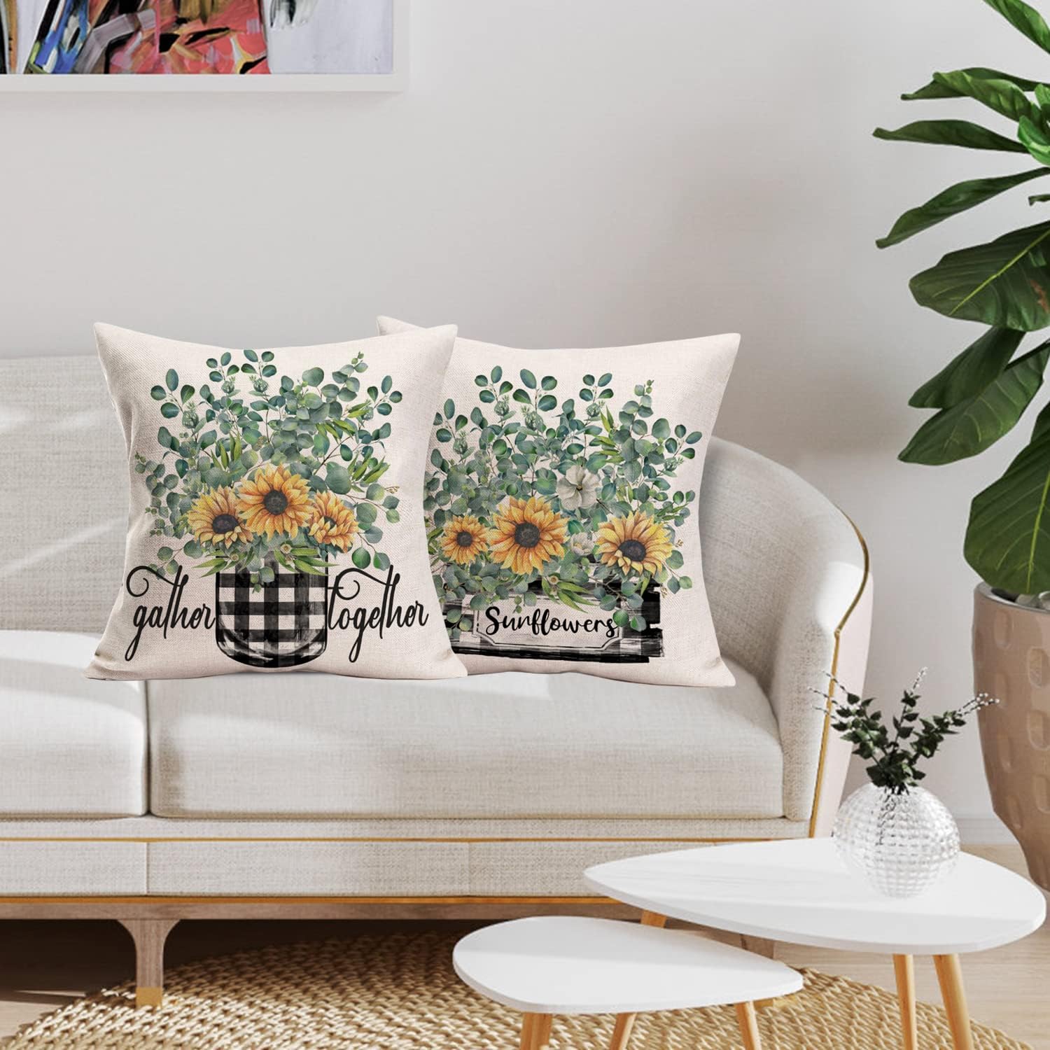 Green Leaves Yellow Sunflower Pillow Covers 22x22 Inch Black White Buffalo Plaids Truck Home Sweet Home Decor Throw Pillow Cases Set of 4 Summer Plants Gather Together Pillows