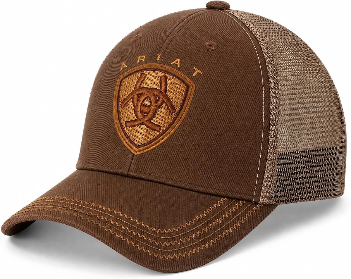 ARIAT Men's Oilskin Trucker Cap with Embroidered Shield Logo, Curved Brim, Strapback, Brown, One Size