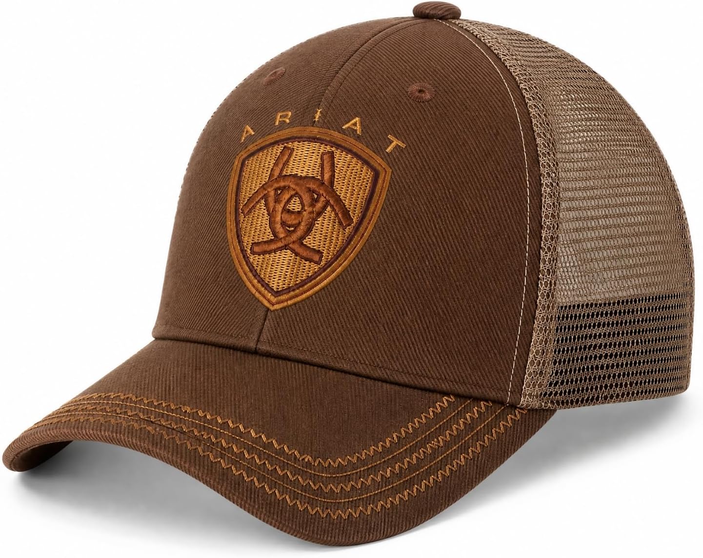 Men's Oilskin Trucker Cap with Embroidered Shield Logo, Curved Brim, Strapback, Brown, One Size