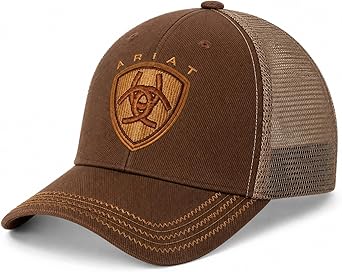 ARIAT Mens Oilskin Trucker Cap with Embroidered Shield Logo, Curved Brim, Strapback, Brown, One Size