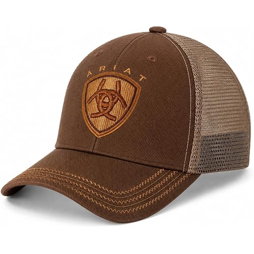 ARIAT Men's Oilskin Trucker Cap with Embroidered Shield Logo, Curved Brim, Strapback, Brown, One Size