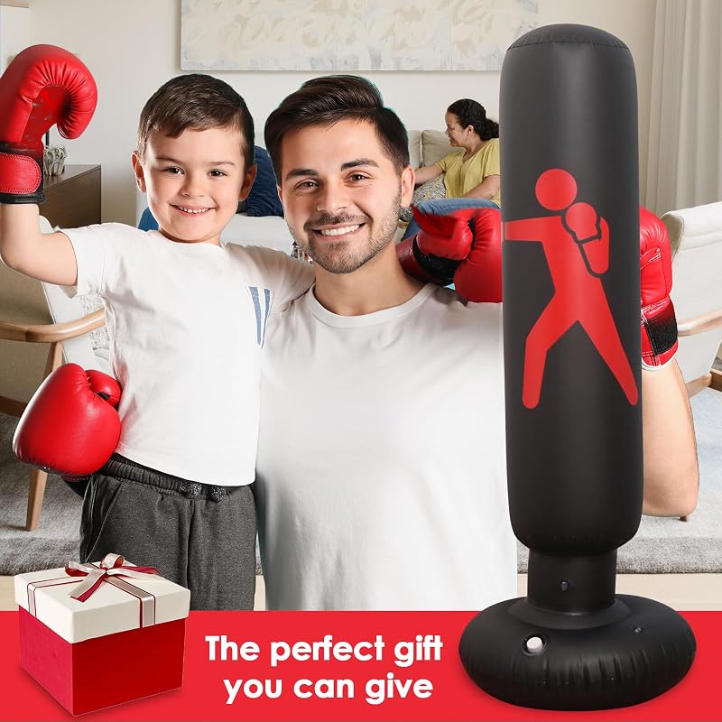 Oziral Gyerek Boxzsák 160 cm Felfújható Álló Edzőzsák Légpumpával és Kesztyűvel Karate Kickbox Edzéshez Fekete PVC