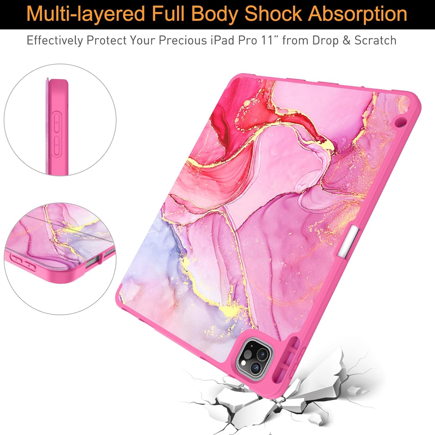 Soke for iPad Pro 11 Case (M2) 2022/2021/2020 with Pencil Holder - [Full Body Protection + Apple Pencil Charging + Auto Wake/Sleep], Soft TPU Back Cover for 2022 iPad Pro 11 inch(Hot Pink Marble)