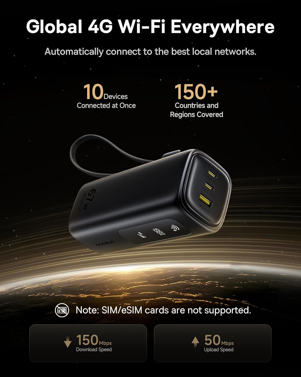 Baseus 4G LTE Mobile Hotspot & 20000mAh 67W Power Bank 2-in-1, Portable WiFi for Travel in 150+ Countries, No SIM Card, No Contract, 10 Devices, Worldwide Hotspot Router (Includes 20GB Local Data)