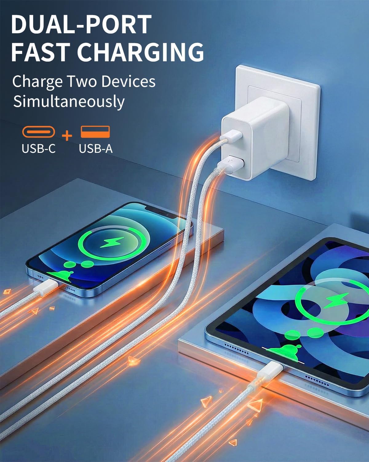 30W Dual Port USB C Wall Charger with 5ft Braided USB-C to USB-C Cable, [USB-C + USB-A] Efficient Charging Block for iPhone 17 16 15 Pro Max, iPad Pro, Pixel