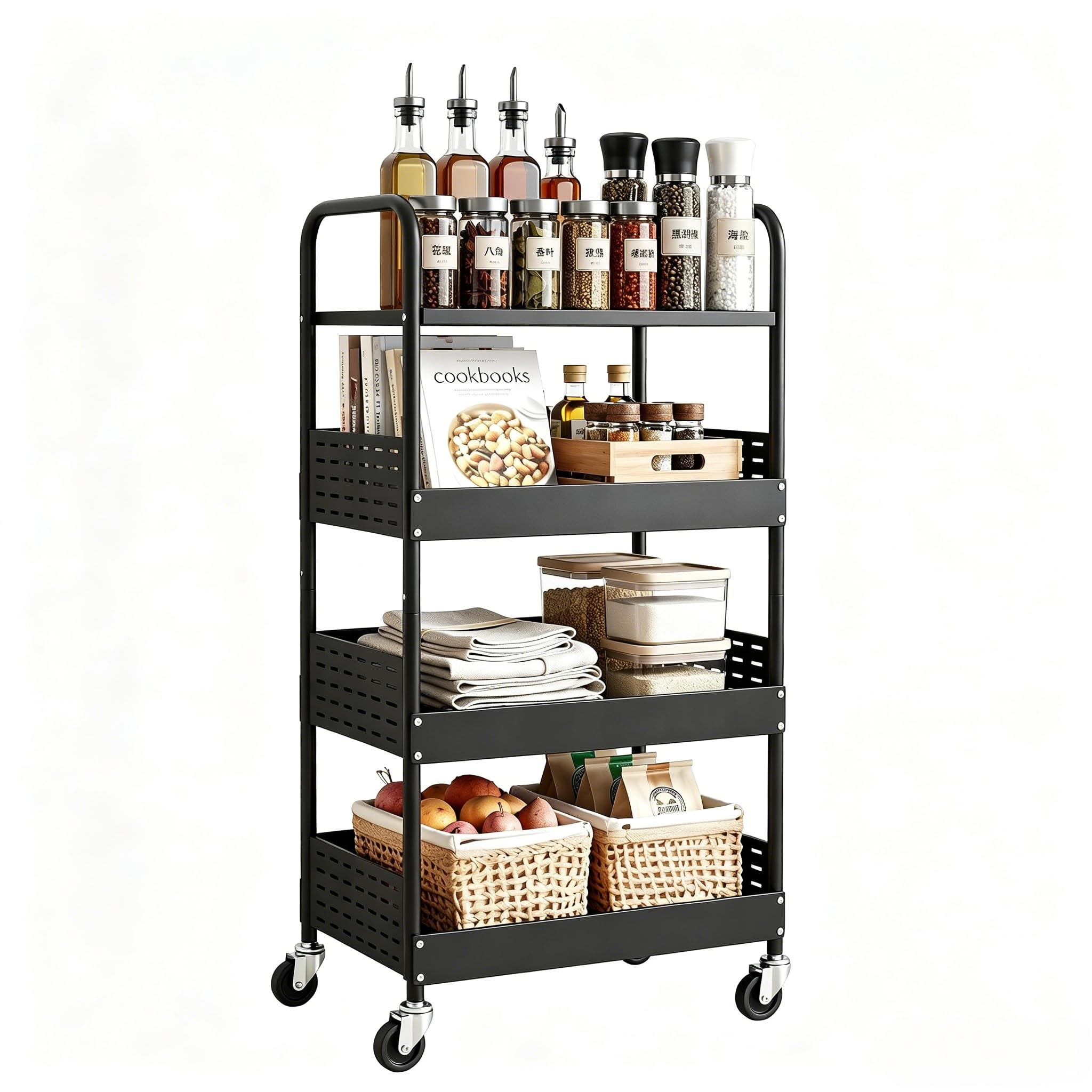 4-Etagen-Rollwagen aus Metall, abschließbare Räder, schwarz | Platzsparender Schwerlast-Rollwagen für Beauty, Basteln, Bücher, Tee, Kunst, Gemüse+Snacks, ideal für Bad, Küche, rollbar.