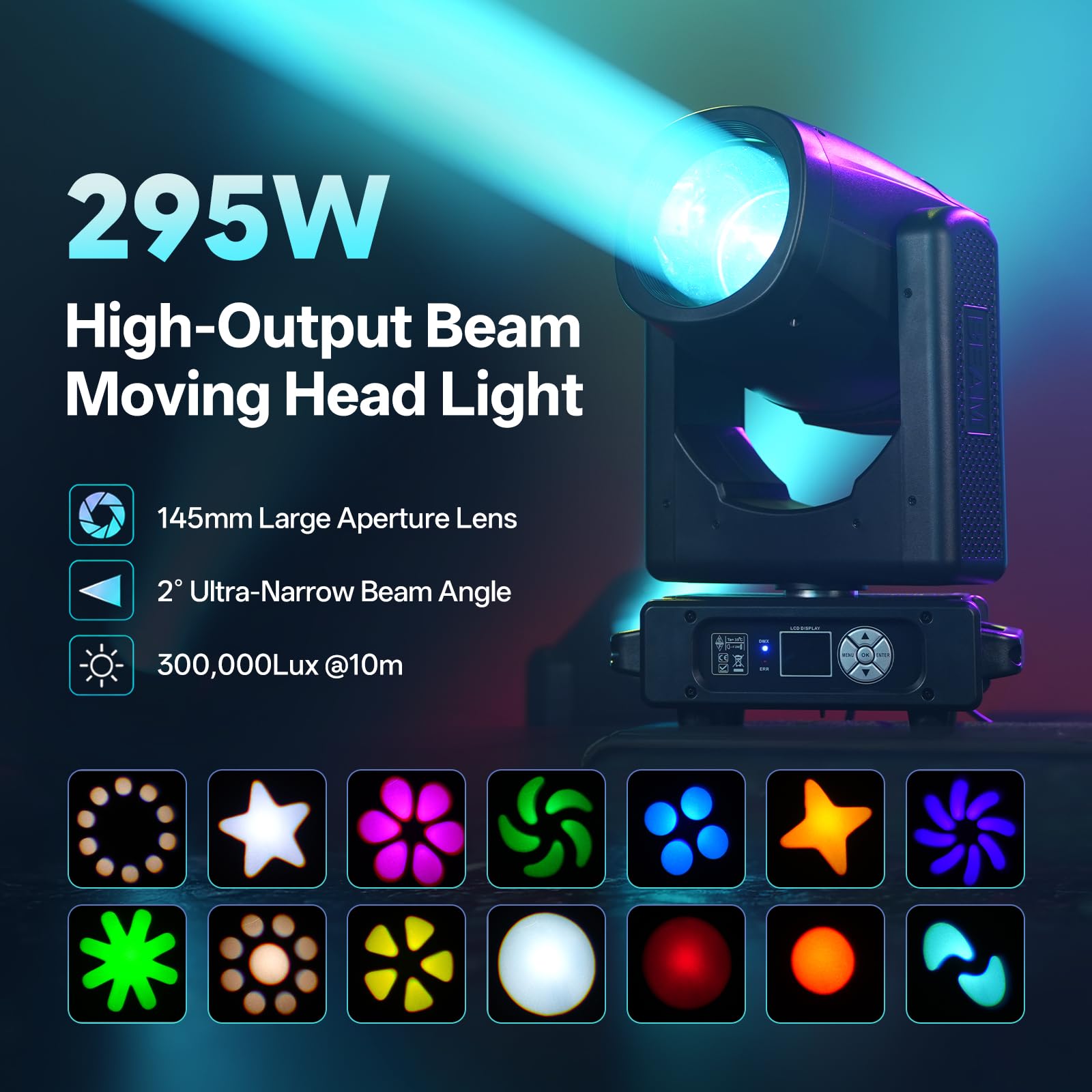 295W HID Beam Teste Mobili Luci Palcoscenico, RGBW LED Spettacolo di Luci con 14+1 Colori 13 Motivi Wash Effetto Arcobaleno DMX512 Spot Professionale 8+48 Prismi per Teatri Feste Concerti Natale