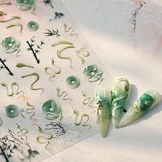 Green Nail Stickers 5D Embossed Snake Nail Decals Luxury Bamboo Chinese Style Design Jade Nail Art Stickers Self-Adhesive Mountain Nail Art Accessories Spring Nail Art Supplies for Women