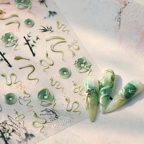Green Nail Stickers 5D Embossed Snake Nail Decals Luxury Bamboo