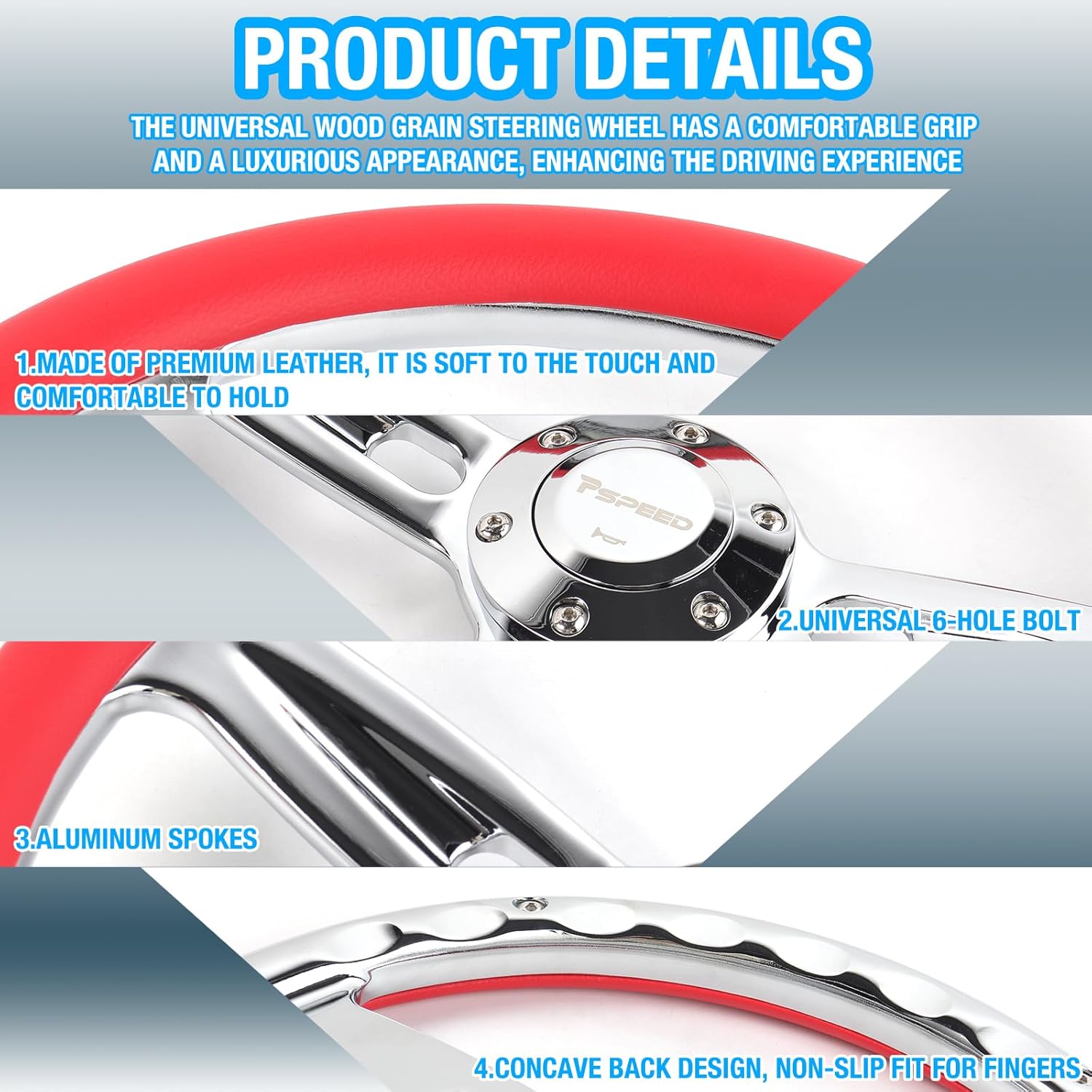 14 inch Red steering wheel, 6 Bolt 3 Spokes Chrome-Plated aluminum alloy Red Microfiber Leather Grip Deep Dish 50MM with horn Fit for Cars,for Classic Car,for Vintage Car steering wheel