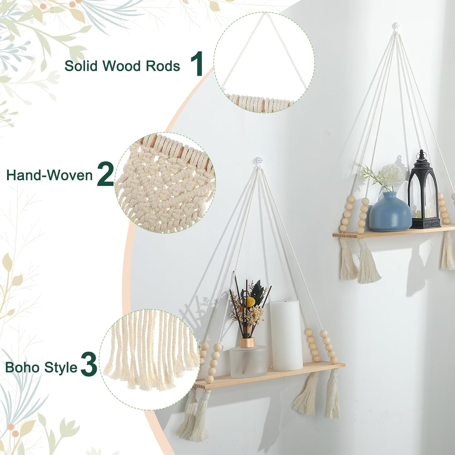 Pinkunn 4 Pcs Macrame Wall Hanging Shelves and 4 Pcs Small Macrame Wall Hanging Handmade Woven Tapestry Boho Wooden Floating Plants Shelves for Home Dorm Living Room Bathroom Office Decor