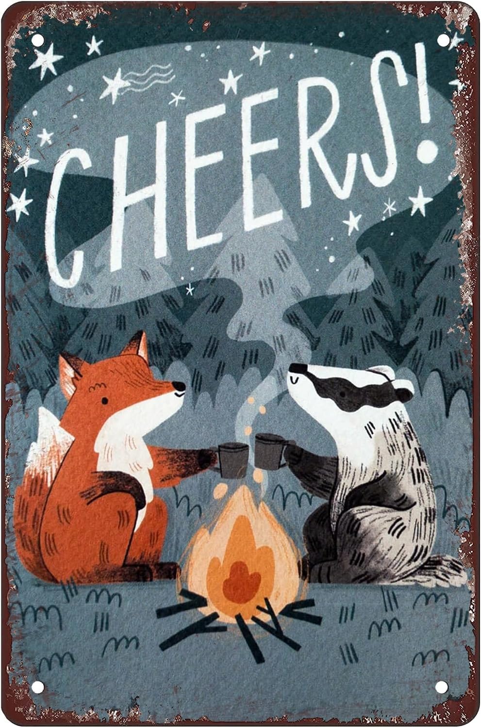 Kisoyo Women's Animals Camping Fox And Badger Cheers Funny Metal Tin Sign Wall Plaque Poster For Home Bathroom Kitchen Garden Man Cave Decor Garage Yard Sign Coffee Wall Decor Gift For 8X12 Inch