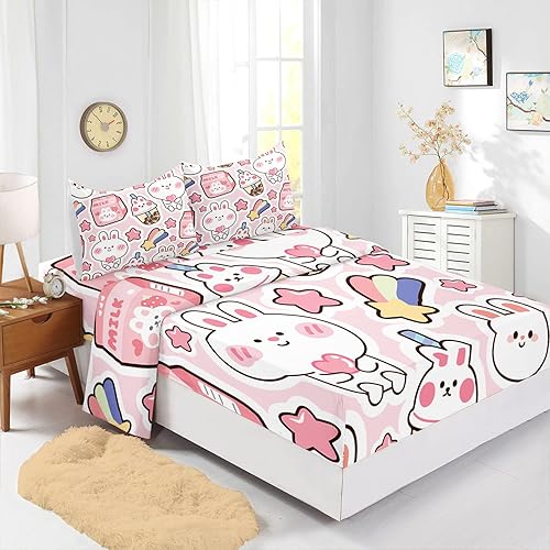 Miniatura 3 de CVHouse Juego de sábanas Kawaii tamaño individual, juegos de ropa de cama Kawaii de conejo para niñas, niños y adolescentes, juegos de sábanas