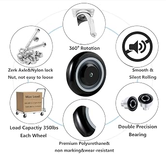 Shopping Cart Wheel 5 x1.25 5/16 Axle Polyurethane Wheel - Load Capacity 1400Lbs Total (4-Pack 5/16 Bore(Black/Grey))