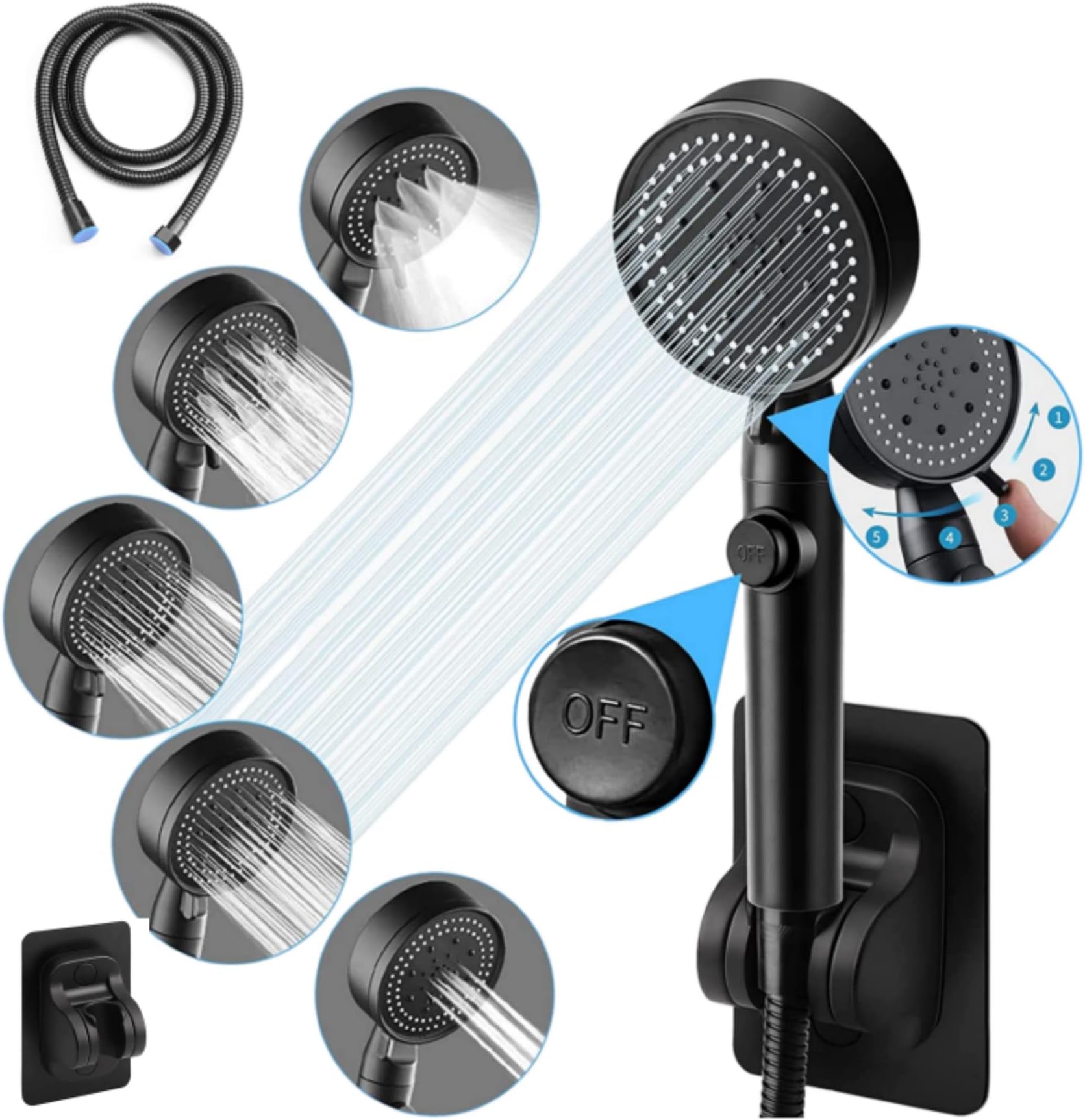 AIMBIGG High Pressure Handheld Shower Head with 150CM Hose & Adhesive Holder, 5 Spray Mode Handheld Shower Head with ON/OFF Pause Switch to Saving Water,Rainfall Spa Hand Held Water Sprinkler
