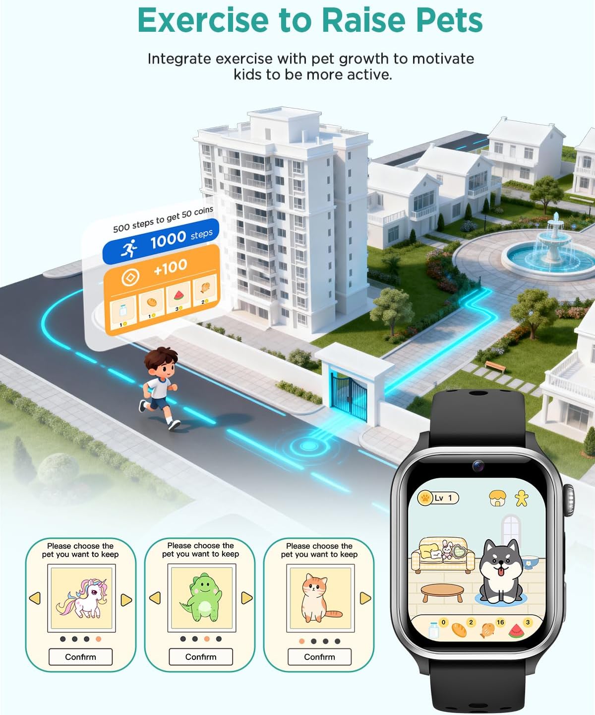 RUXINGX smartwatch screen showing the electronic pet feeding game interface.