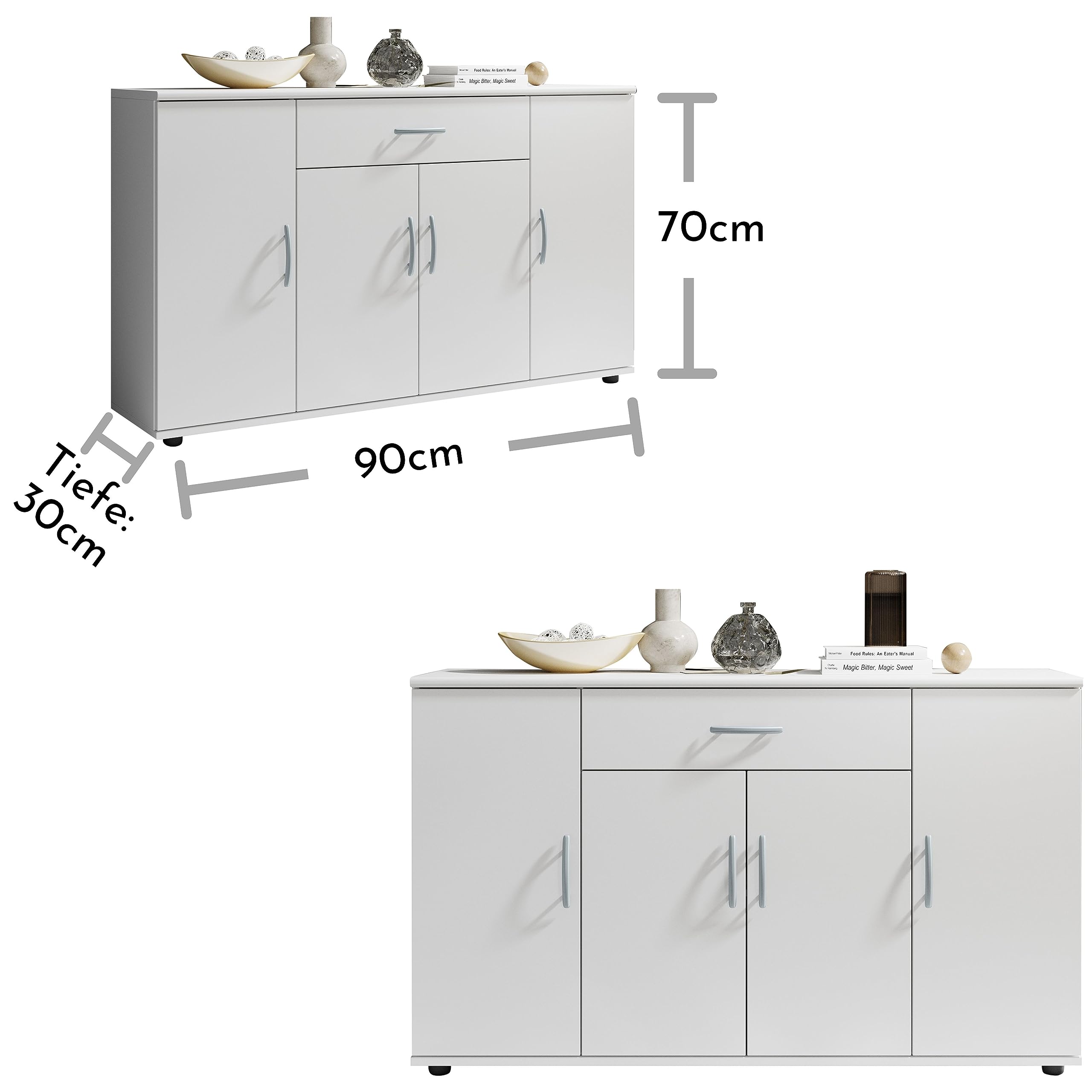 Stella Trading LILLY Sideboard in Weiß - Moderne Kommode mit Schublade und viel Stauraum für Wohnzimmer, Esszimmer und Flur - 118 x 70 x 30 cm (B/H/T)