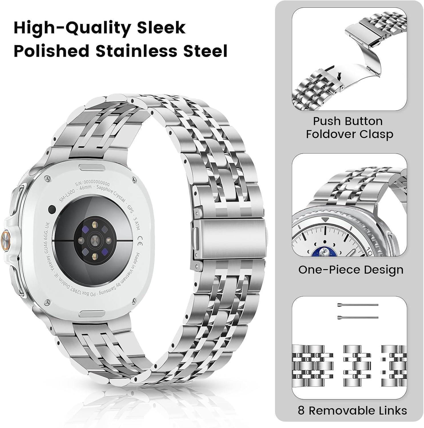Metal Band Compatible with Samsung Galaxy Watch 8 44mm 40mm/Watch 8 Classic 46mm, Seven-link Business Stainless Steel Strap for Galaxy 8 Watch Bands Women Men - Image 4