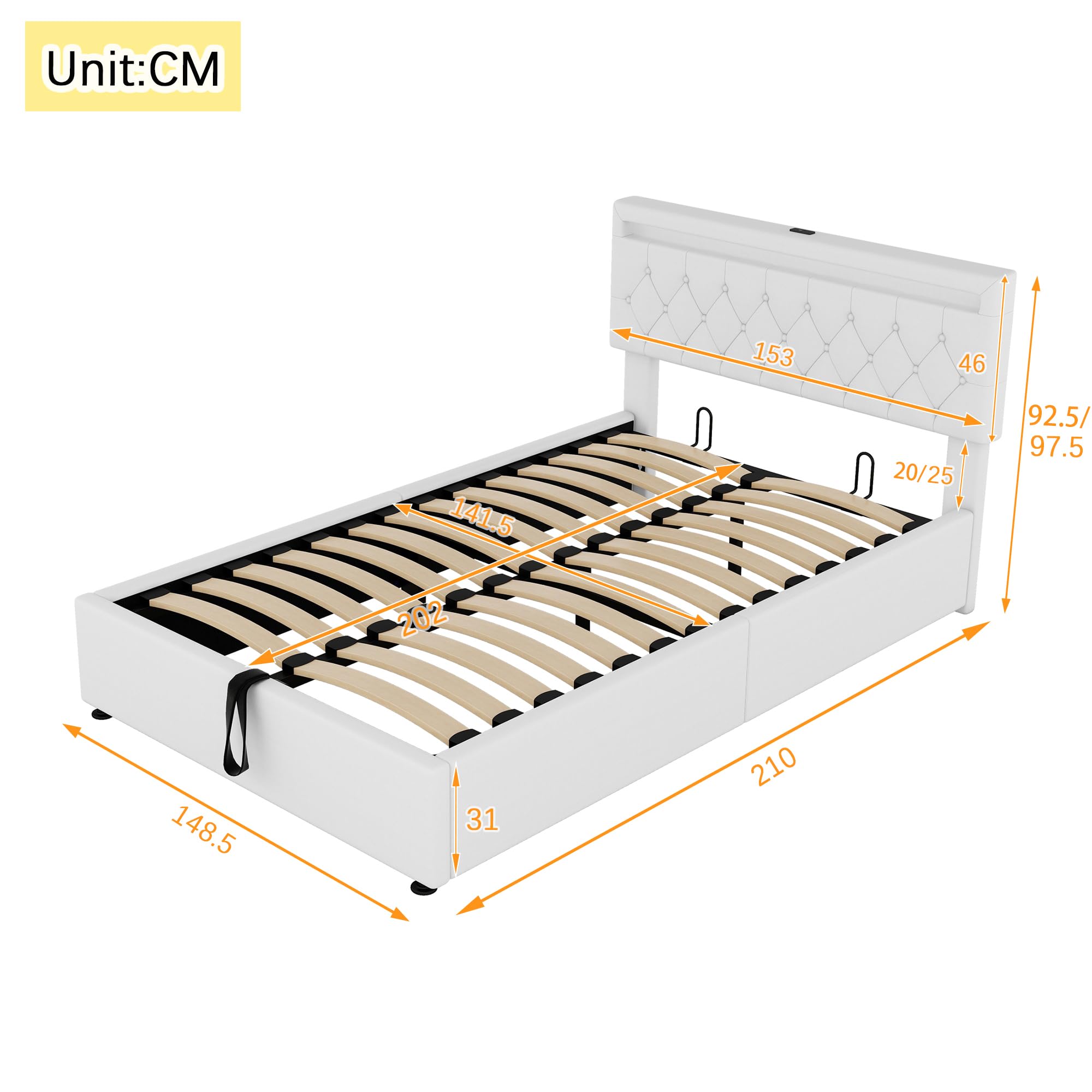 LAKFEW Cama Matrimonio Cama 140x200 cm con USB y LED, Camas Matrimoniales con Almacenamiento Hidráulico, Camas Juveniles Cama Doble con Cabecero Ajustable y Somier Metálico, Lino, Blanco, Sin Colchon