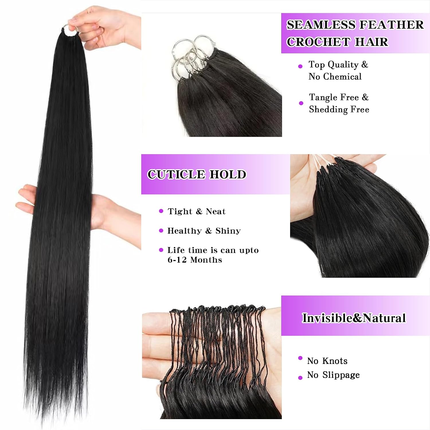 Kinky Straight Feather Crochet Human Hair Extensions Pre Separated Soft Yaki Straight Knotless Human Hair Blended Crochet Bundles 22” 90G Micro Pre Looped Burmese Synthetic Human Crochet Hair 180G