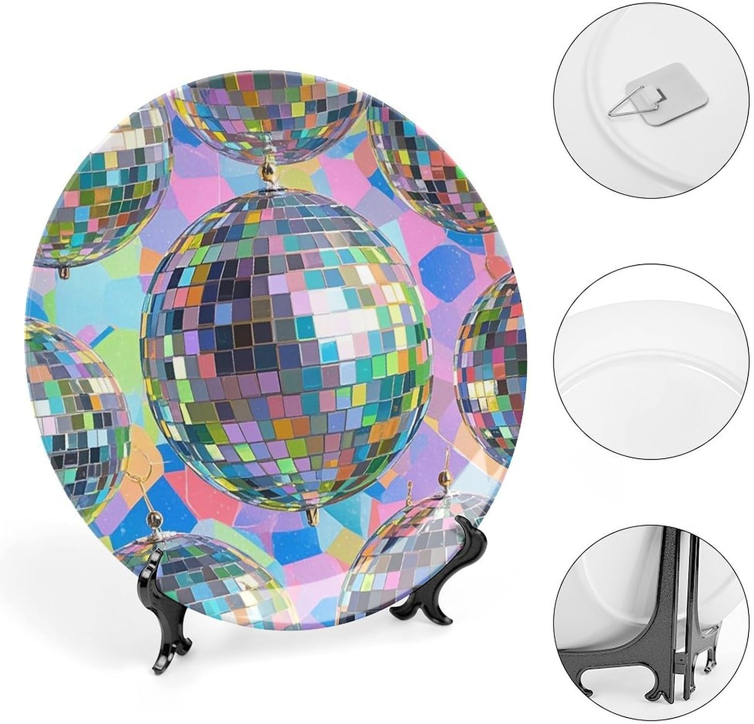 Bone China Decorative Plates for Display 6inch Ceramic Disco Ball Pattern Dinner Plate with Display Stand Wall Hanging Large Porcelain Salad Plate for Wedding Bridal Tea Party Supplies image 4