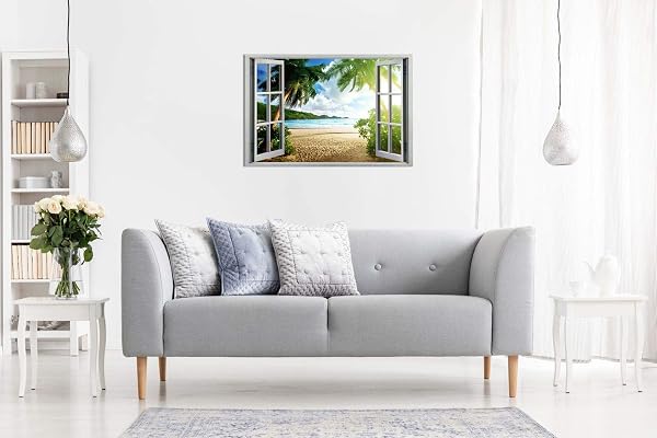Beach Sunset View 3D Window Effect Canvas Wall Art Picture Print (24X16), Bedroom - 4