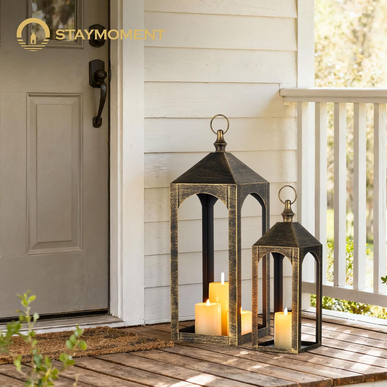 Large Outdoor Lanterns for Porch: 23" & 17" Set of 2 Floor Lantern Decorative Indoor Candle Holder for Front Porch Patio Fireplace Vintage Home Decor
