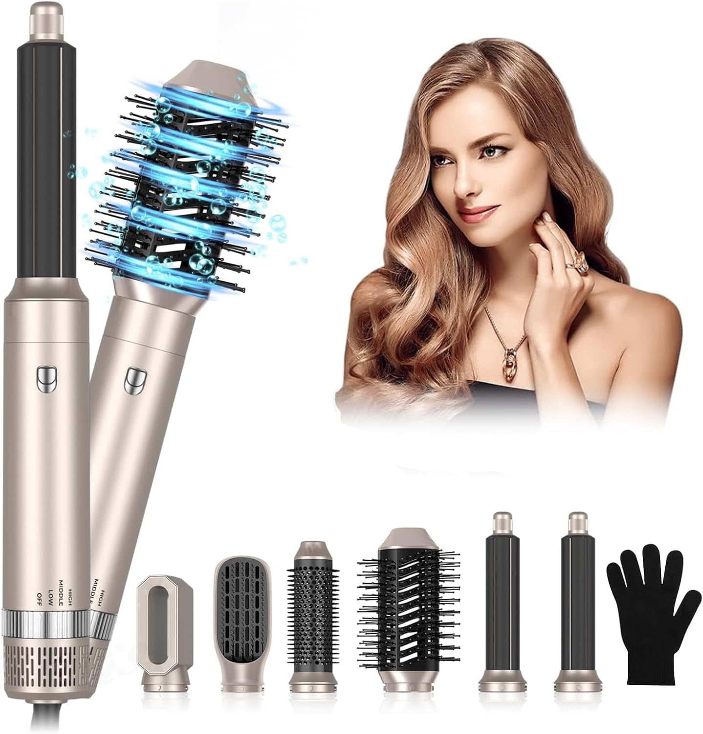 6 in 1 Hair Drys Brush,Hot Air 60000RPM Powerful Negative Ionic Blow Dryer with 3 Temp Left&Right Air Curler Wand,1000W Thermal Air Brush,Hair Straightener Brush,Style Volumizing Brush