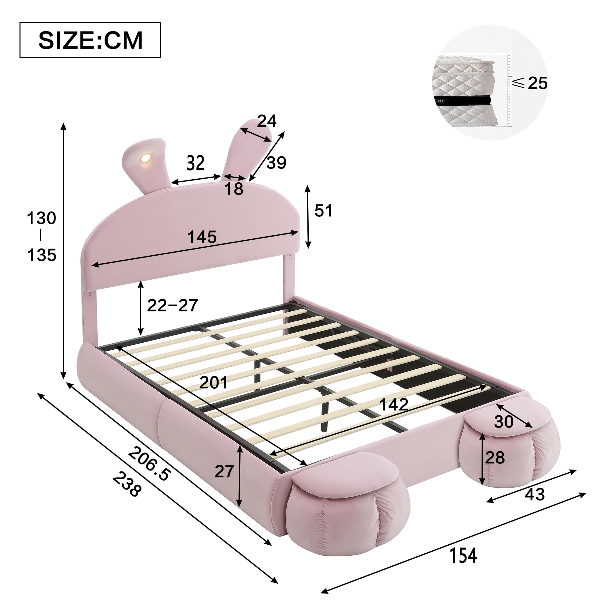 Letto Matrimoniale con Contenitore 140x200 con LED e 2 Sgabelli Contenitore, Letto Una Piazza e Mezza con Testiera e Vano Portaoggetti, Bambini con Rete a Doghe Struttura in Velluto, Rosa