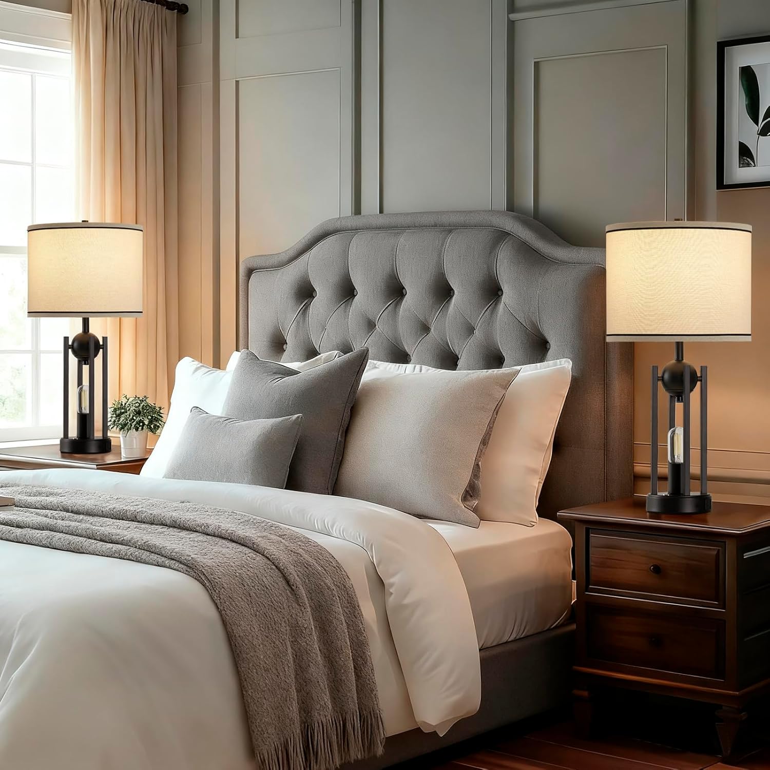 25'' Farmhouse Table Lamps for Living Room Set of 2 with USB C+A Ports, Vintage Bedside Lamp for Bedroom, Touch Lamps for Nightstand, Dual Lights Independent Switch, 4 Bulbs Included, Black