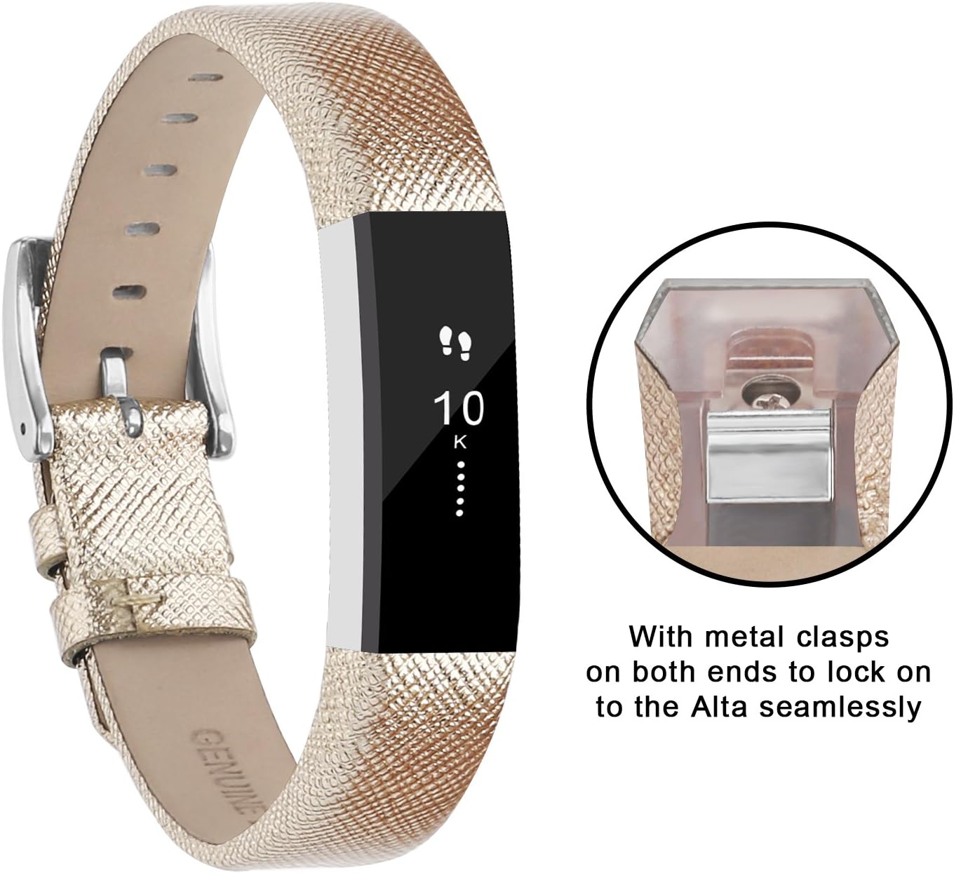 POY Replacement Bands Compatible for Fitbit Alta and Fitbit Alta HR, Genuine Leather Wristbands, Gold